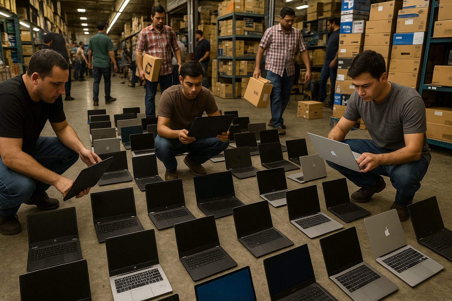 customers buying laptops from wholesale shop in which laptops are keep on ground